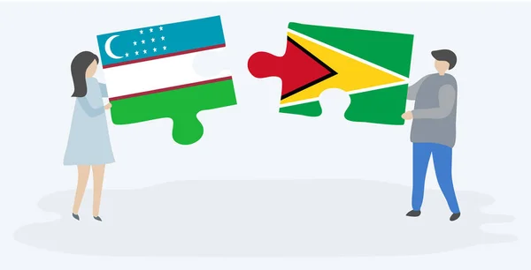 Par Som Innehar Två Pusselbitar Med Uzbekiska Och Guyanesiska Flaggor — Stock vektor
