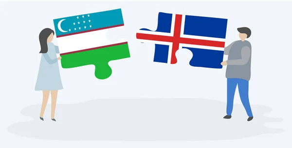Par Som Innehar Två Pusselbitar Med Uzbekiska Och Isländska Flaggor — Stock vektor