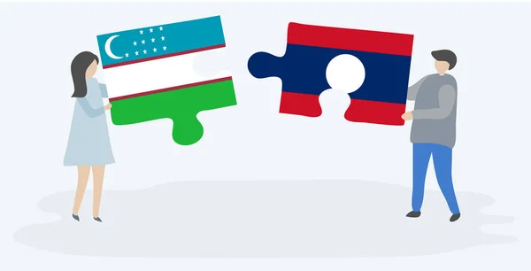 Пара Держащая Две Головоломки Узбекским Лаосским Флагами Национальные Символы Узбекистана — стоковый вектор