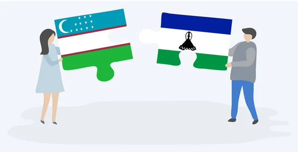 ウズベキスタンとバソトの旗を持つ2つのパズルピースを保持しているカップル ウズベキスタンとレソトの国のシンボル — ストックベクタ