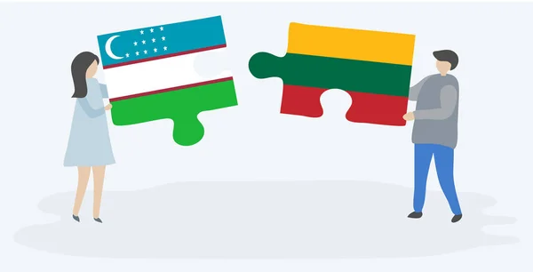 Ζευγάρι Που Κρατά Δύο Κομμάτια Παζλ Ουζμπεκιστάν Και Λιθουανικές Σημαίες — Διανυσματικό Αρχείο