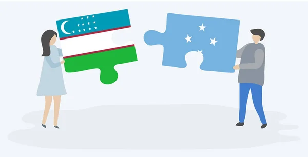 Paar Houden Twee Puzzels Stukken Met Oezbeekse Micronesian Vlaggen Oezbekistan — Stockvector