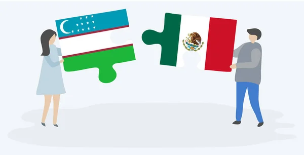 Couple Tenant Deux Pièces Puzzles Avec Des Drapeaux Ouzbeks Mexicains — Image vectorielle