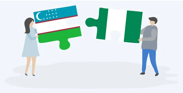 Пара Проведення Двох Головоломок Штук Узбецькою Нігерійських Прапори Узбекистан Нігерія — стоковий вектор