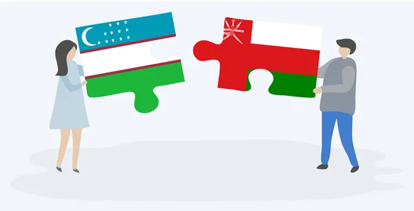Пара Держащая Две Головоломки Узбекским Оманским Флагами Узбекистан Оманские Национальные — стоковый вектор