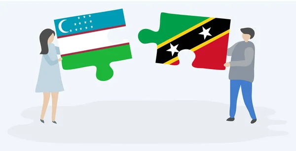 Paar Houden Twee Puzzels Stukken Met Oezbeekse Kittitian Vlaggen Oezbekistan — Stockvector