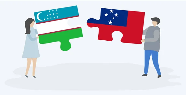 Paar Houden Twee Puzzels Stukken Met Oezbeekse Samoaanse Vlaggen Oezbekistan — Stockvector