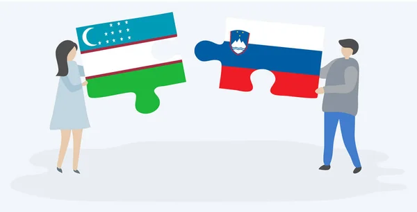 Pareja Sosteniendo Dos Piezas Rompecabezas Con Banderas Uzbekistán Eslovenia Uzbekistán — Vector de stock
