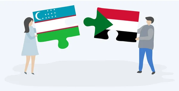 Para Trzyma Dwa Kawałki Puzzli Uzbekistanu Sudanu Flagi Symbole Narodowe — Wektor stockowy