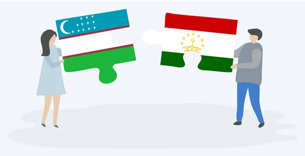 Couple Holding Two Puzzles Pieces Uzbek Tajikistani Flags Uzbekistan Tajikistan — Stock Vector