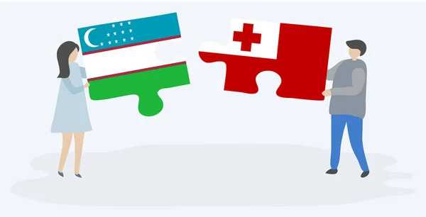 Couple Holding Two Puzzles Pieces Uzbek Tongan Flags Uzbekistan Tonga — Stock Vector