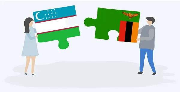 Couple Holding Two Puzzles Pieces Uzbek Zambian Flags Uzbekistan Zambia — Stock Vector