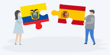 Ekvador ve İspanyol bayrakları ile iki bulmaca parçaları tutan çift. Ekvador ve İspanya ulusal sembolleri birlikte.