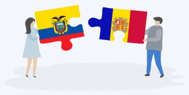 Ekvador ve Andorran bayrakları ile iki bulmaca parçaları tutan çift. Ekvador ve Andorra ulusal sembolleri birlikte.