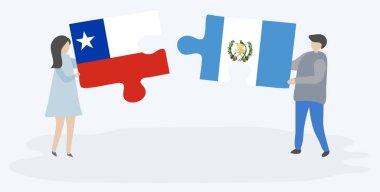 Şili ve Guatemala bayrakları ile iki bulmaca parçaları tutan çift. Şili ve Guatemala ulusal sembolleri birlikte.