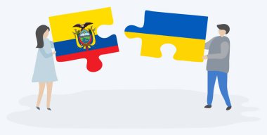 Ekvador ve Ukrayna bayrakları ile iki bulmaca parçaları tutan çift. Ekvador ve Ukrayna ulusal sembolleri birlikte.