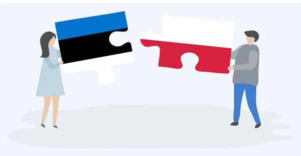 Couple Holding Two Puzzles Pieces Estonian Polish Flags Estonia Poland — Stock Vector