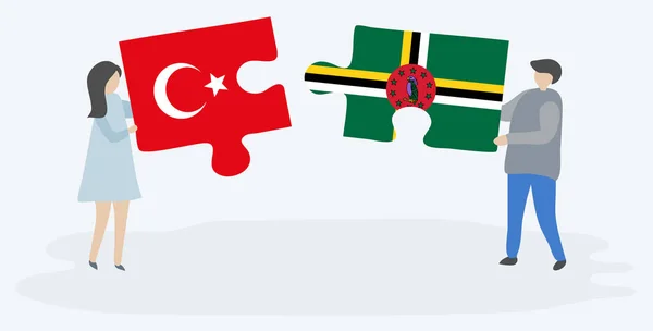 Dvojice Která Drží Dvě Skládanky Tureckými Dominikánskými Vlajkami Národní Symboly — Stockový vektor