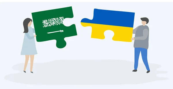 Couple Tenant Deux Pièces Puzzles Avec Des Drapeaux Saoudiens Ukrainiens — Image vectorielle