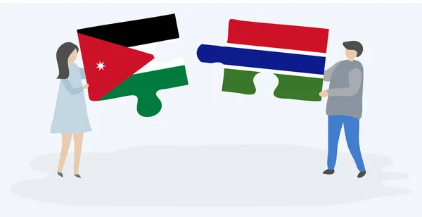 Pareja Sosteniendo Dos Piezas Rompecabezas Con Banderas Jordanas Gambianas Jordania — Archivo Imágenes Vectoriales