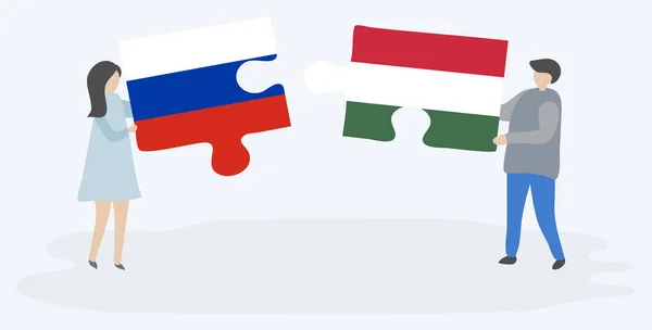 Coppia Contenente Due Pezzi Puzzle Con Bandiere Russe Ungheresi Russia — Vettoriale Stock