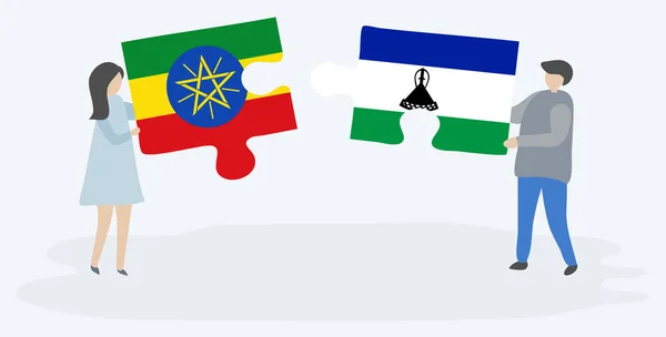 Casal Segurando Duas Peças Quebra Cabeças Com Bandeiras Etíopes Basotho —  Vetores de Stock