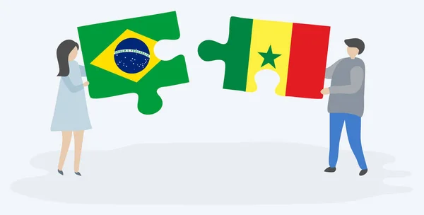 Couple Tenant Deux Pièces Puzzles Avec Des Drapeaux Brésiliens Sénégalais — Image vectorielle