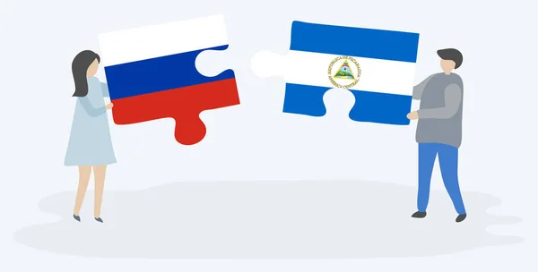Casal Segurando Duas Peças Quebra Cabeças Com Bandeiras Russas Nicaraguenses —  Vetores de Stock