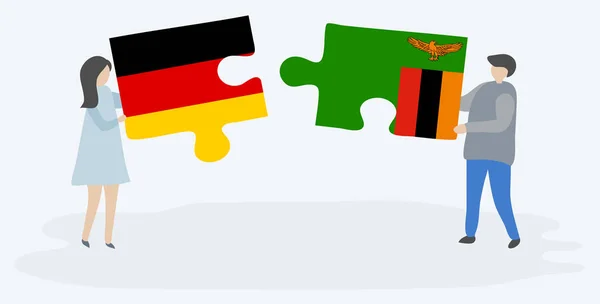 Couple Holding Two Puzzles Pieces German Zambian Flags Germany Zambia — Stock Vector