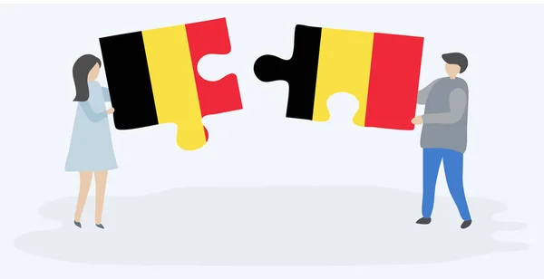 Casal Segurando Dois Quebra Cabeças Peças Com Bandeiras Belgas Belgas — Vetor de Stock