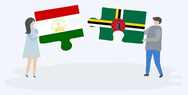 一对夫妇拿着两个拼图片与塔吉克斯坦和多米尼加国旗 塔吉克斯坦和多米尼加国家符号在一起 — 图库矢量图片
