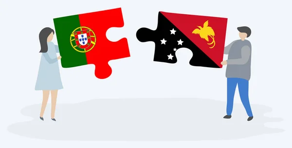 Couple Holding Two Puzzles Pieces Portuguese Papuan Flags Portugal Papua — Stock Vector