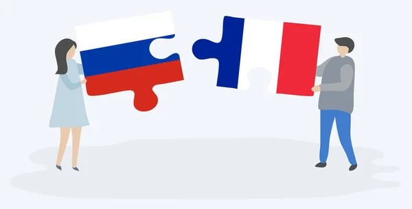 Couple Holding Two Puzzles Pieces Russian French Flags Russia France — Stock Vector