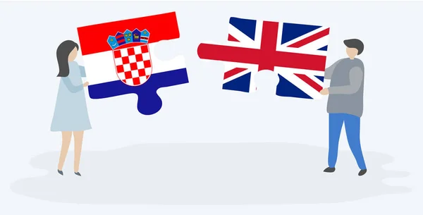 Casal Segurando Duas Peças Quebra Cabeças Com Bandeiras Croatas Britânicas — Vetor de Stock