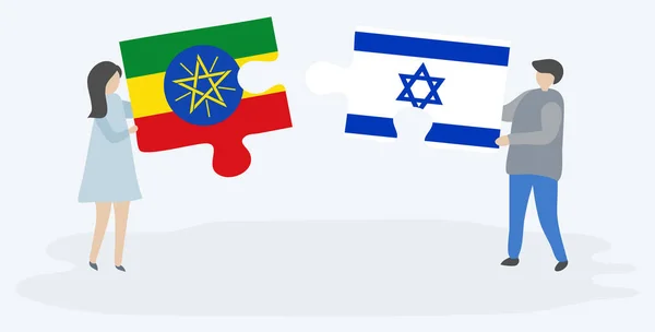 Paar Houden Twee Puzzels Stukken Met Ethiopische Israëlische Vlaggen Ethiopië — Stockvector