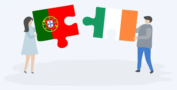 ポルトガルとアイルランドの旗を持つ2つのパズルのピースを保持しているカップル ポルトガルとアイルランドのシンボル — ストックベクタ