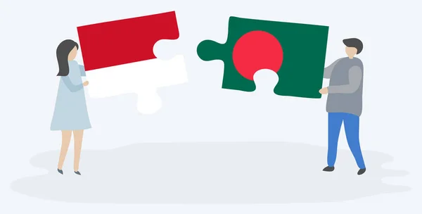 Paar Houden Twee Puzzels Stukken Met Indonesische Bangladeshi Vlaggen Indonesië — Stockvector