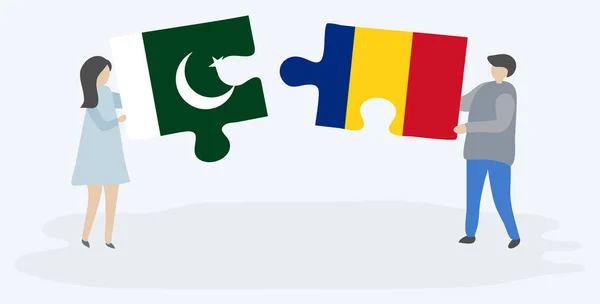 Couple Holding Two Puzzles Pieces Pakistani Romanian Flags Pakistan Romania — Stock Vector