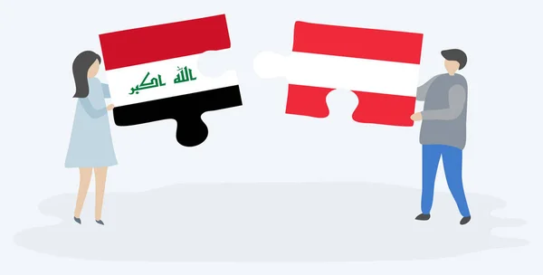Pareja Sosteniendo Dos Piezas Rompecabezas Con Banderas Iraquíes Austriacas Iraq — Vector de stock