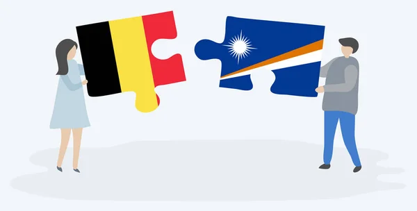 Paar Mit Zwei Puzzleteilen Mit Belgischen Und Marschierenden Fahnen Nationalsymbole — Stockvektor