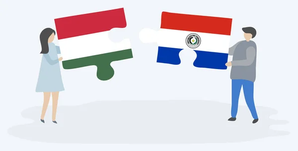 Couple Tenant Deux Pièces Puzzles Avec Des Drapeaux Hongrois Paraguayens — Image vectorielle