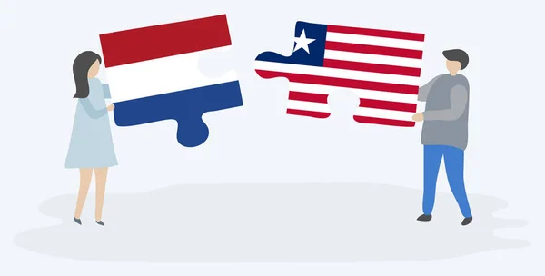 Paar Houden Twee Puzzels Stukken Met Nederlandse Liberiaanse Vlaggen Nederland — Stockvector