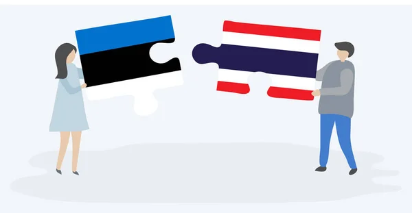 Couple Tenant Deux Pièces Puzzles Avec Des Drapeaux Estonien Thaïlandais — Image vectorielle