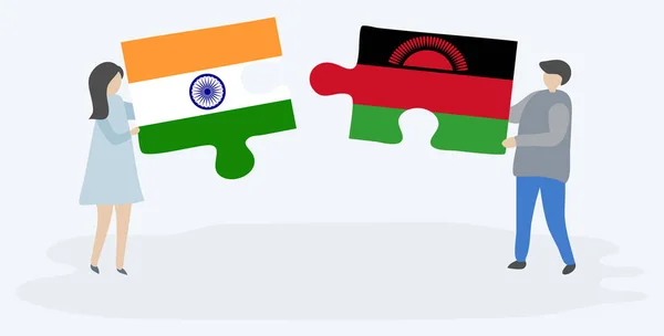 Couple Tenant Deux Pièces Puzzles Avec Des Drapeaux Indiens Malawiens — Image vectorielle