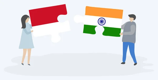 Casal Segurando Duas Peças Quebra Cabeças Com Bandeiras Indonésias Indianas — Vetor de Stock