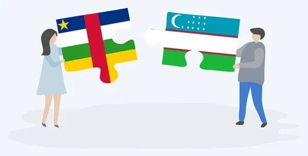 Paar Houden Twee Puzzels Stukken Met Centraal Afrikaanse Oezbeekse Vlaggen — Stockvector