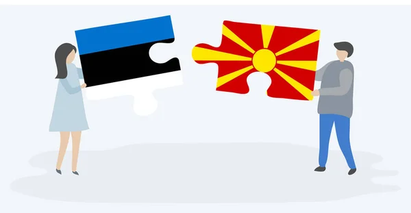 Casal Segurando Duas Peças Quebra Cabeças Com Bandeiras Estonianas Macedônias —  Vetores de Stock