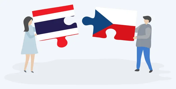 Couple Holding Two Puzzles Pieces Thai Czech Flags Thailand Czech — Stock Vector