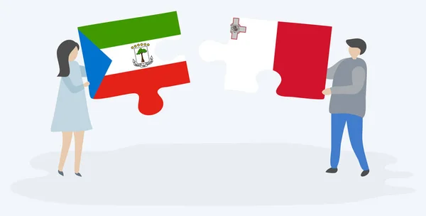 Para Trzyma Dwa Kawałki Puzzli Równikowej Gwinei Maltańskie Flagi Gwinea — Wektor stockowy