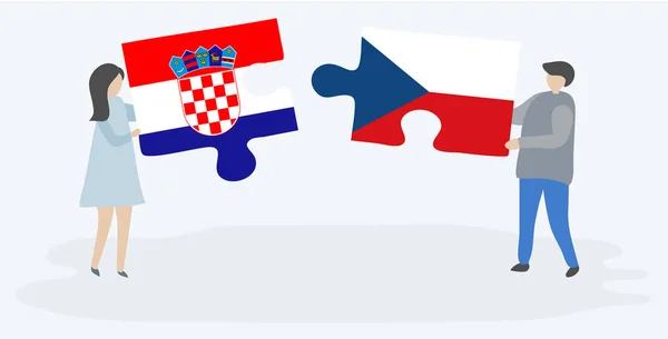 Casal Segurando Duas Peças Quebra Cabeças Com Bandeiras Croatas Checas — Vetor de Stock